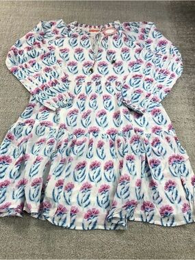 Oliphant White Floral Tiered Tunic with Pink & Blue Print
